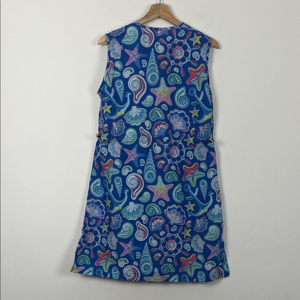 Women's L Blue Seashell Full Zip Sleeveless Drawstring Waist Swim Coverup Dress - Picture 5 of 10